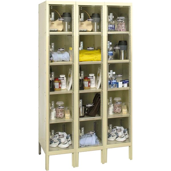 Global Industrial 5-Tier 15 Door Clear View Locker, 12W x 12D x 12H, Tan, Unassembled B2311309